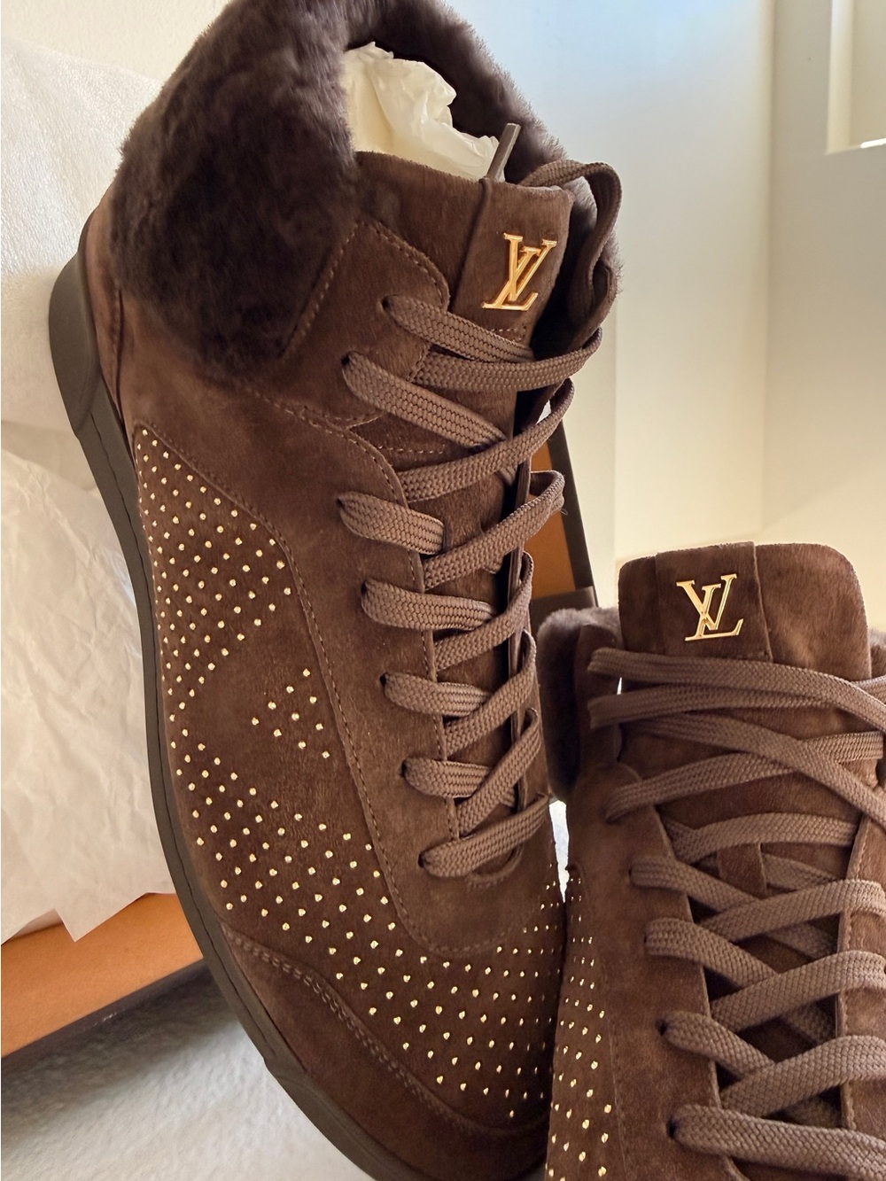New Louis Vuitton Brown Suede High-Top Sneakers with Gold LV Logo